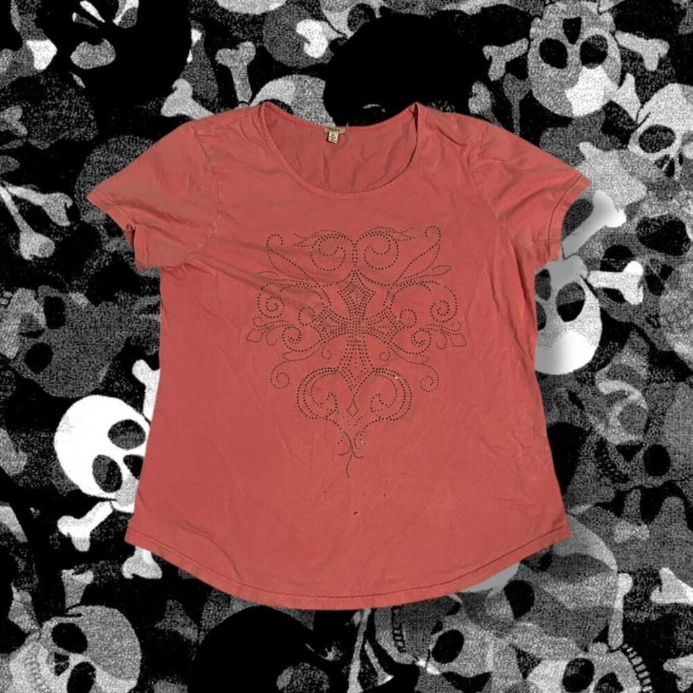 swirl rhinestone gothic cross salmon pink distressed tee